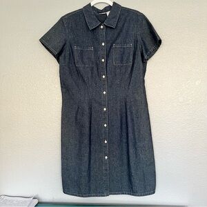 Cherokee Blue Denim Dress Button up Pockets Midi Knee 100% Cotton Vtg 90’s